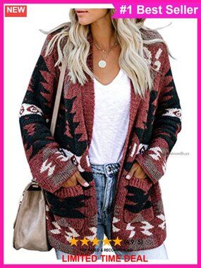 Boho Aztec Open Front Cardigan Loose Slouchy Knit Sweater